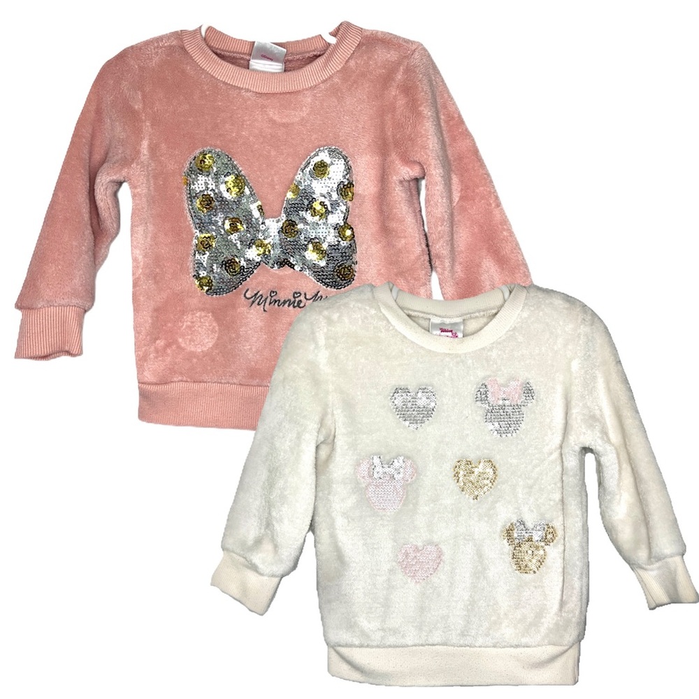 EUC Disney 2T Minnie Mouse Sequin plush Sherpa fleece Sweater Bundle Lot of 2